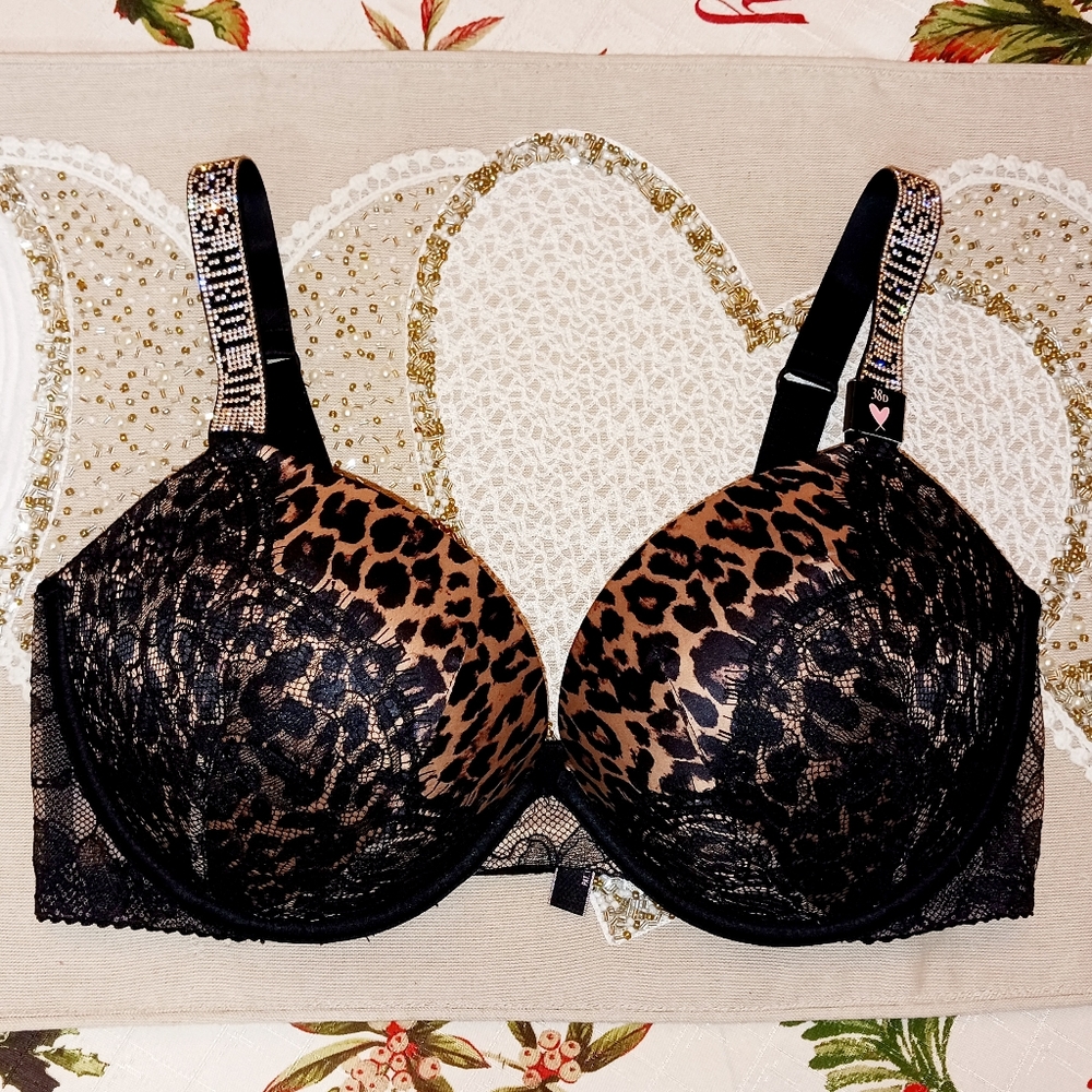 NWT Victoria's Secret Very Sexy Bling Shine & Lace Push Up Bra Animal Print 38D